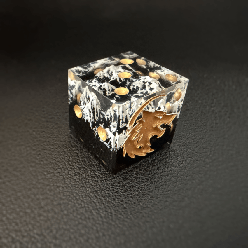 A single dice against a black background